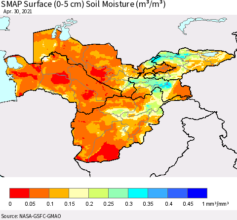 Central Asia SMAP Surface (0-5 cm) Soil Moisture (m³/m³) Thematic Map For 4/26/2021 - 4/30/2021