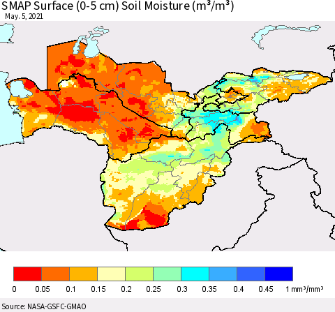 Central Asia SMAP Surface (0-5 cm) Soil Moisture (m³/m³) Thematic Map For 5/1/2021 - 5/5/2021