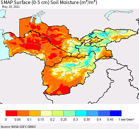 Central Asia SMAP Surface (0-5 cm) Soil Moisture (m³/m³) Thematic Map For 5/6/2021 - 5/10/2021