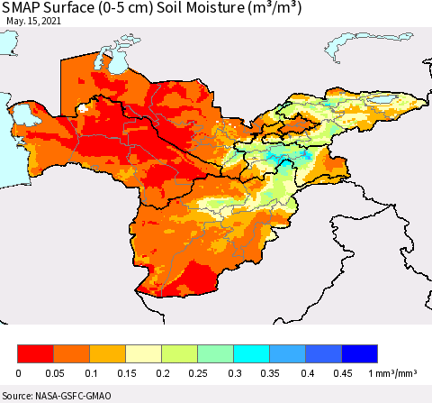 Central Asia SMAP Surface (0-5 cm) Soil Moisture (m³/m³) Thematic Map For 5/11/2021 - 5/15/2021