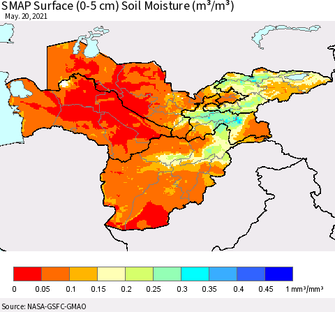 Central Asia SMAP Surface (0-5 cm) Soil Moisture (m³/m³) Thematic Map For 5/16/2021 - 5/20/2021