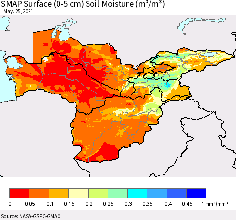 Central Asia SMAP Surface (0-5 cm) Soil Moisture (m³/m³) Thematic Map For 5/21/2021 - 5/25/2021