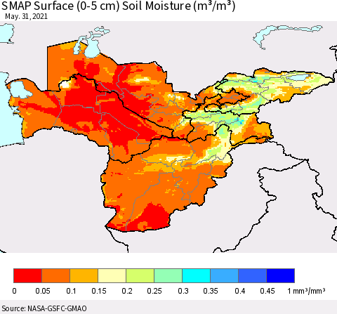 Central Asia SMAP Surface (0-5 cm) Soil Moisture (m³/m³) Thematic Map For 5/26/2021 - 5/31/2021