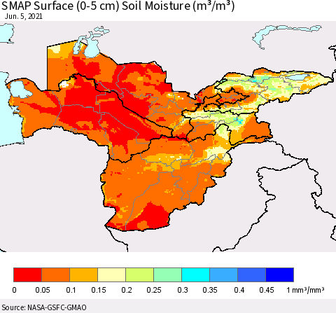 Central Asia SMAP Surface (0-5 cm) Soil Moisture (m³/m³) Thematic Map For 6/1/2021 - 6/5/2021