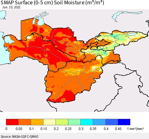 Central Asia SMAP Surface (0-5 cm) Soil Moisture (m³/m³) Thematic Map For 6/6/2021 - 6/10/2021