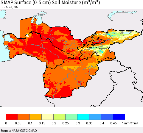 Central Asia SMAP Surface (0-5 cm) Soil Moisture (m³/m³) Thematic Map For 6/21/2021 - 6/25/2021