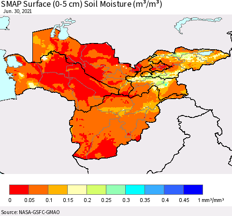 Central Asia SMAP Surface (0-5 cm) Soil Moisture (m³/m³) Thematic Map For 6/26/2021 - 6/30/2021