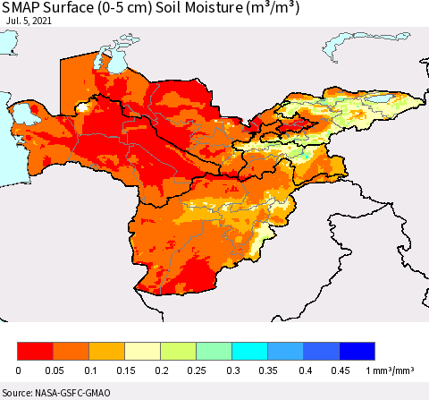 Central Asia SMAP Surface (0-5 cm) Soil Moisture (m³/m³) Thematic Map For 7/1/2021 - 7/5/2021