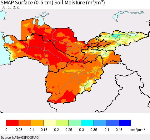 Central Asia SMAP Surface (0-5 cm) Soil Moisture (m³/m³) Thematic Map For 7/11/2021 - 7/15/2021