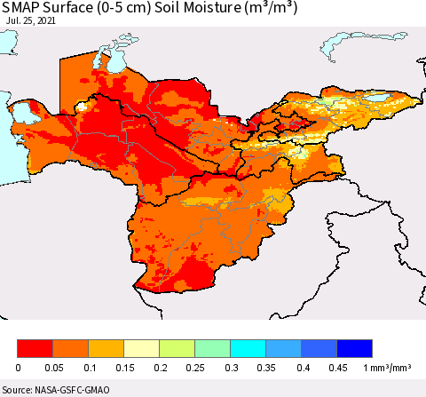 Central Asia SMAP Surface (0-5 cm) Soil Moisture (m³/m³) Thematic Map For 7/21/2021 - 7/25/2021