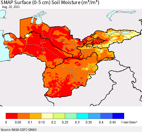 Central Asia SMAP Surface (0-5 cm) Soil Moisture (m³/m³) Thematic Map For 8/16/2021 - 8/20/2021
