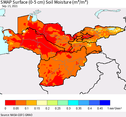Central Asia SMAP Surface (0-5 cm) Soil Moisture (m³/m³) Thematic Map For 9/11/2021 - 9/15/2021