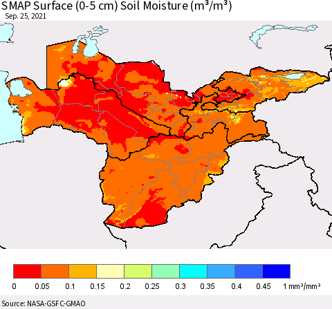 Central Asia SMAP Surface (0-5 cm) Soil Moisture (m³/m³) Thematic Map For 9/21/2021 - 9/25/2021