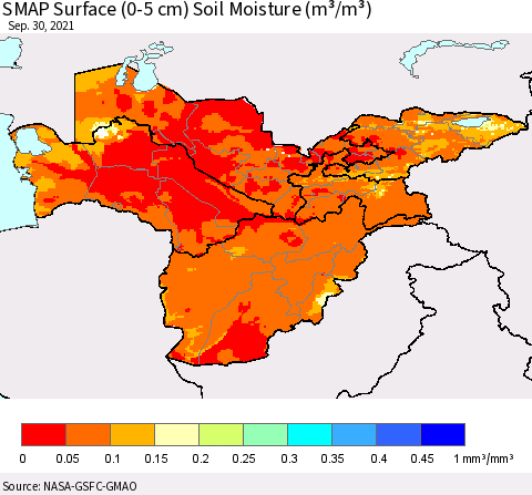 Central Asia SMAP Surface (0-5 cm) Soil Moisture (m³/m³) Thematic Map For 9/26/2021 - 9/30/2021