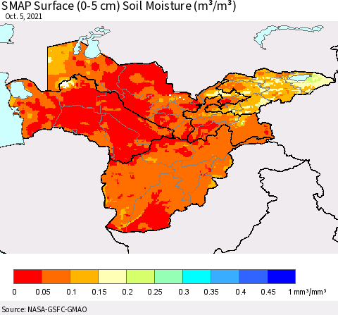 Central Asia SMAP Surface (0-5 cm) Soil Moisture (m³/m³) Thematic Map For 10/1/2021 - 10/5/2021