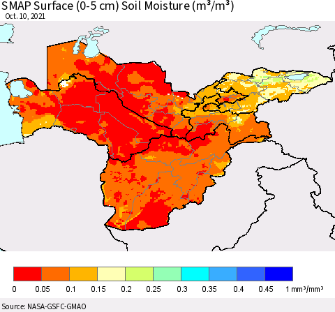 Central Asia SMAP Surface (0-5 cm) Soil Moisture (m³/m³) Thematic Map For 10/6/2021 - 10/10/2021