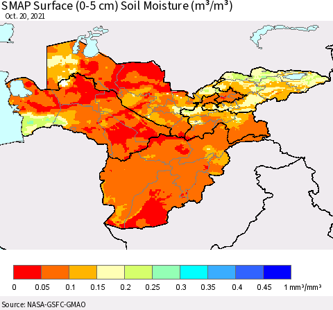 Central Asia SMAP Surface (0-5 cm) Soil Moisture (m³/m³) Thematic Map For 10/16/2021 - 10/20/2021