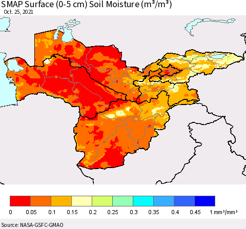 Central Asia SMAP Surface (0-5 cm) Soil Moisture (m³/m³) Thematic Map For 10/21/2021 - 10/25/2021