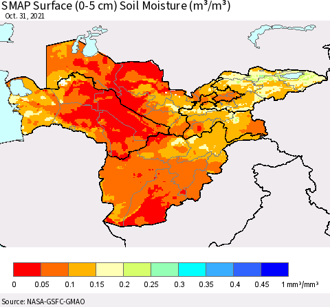 Central Asia SMAP Surface (0-5 cm) Soil Moisture (m³/m³) Thematic Map For 10/26/2021 - 10/31/2021