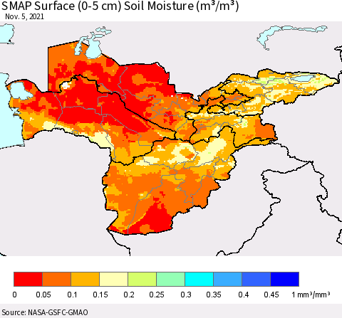 Central Asia SMAP Surface (0-5 cm) Soil Moisture (m³/m³) Thematic Map For 11/1/2021 - 11/5/2021