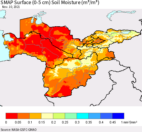 Central Asia SMAP Surface (0-5 cm) Soil Moisture (m³/m³) Thematic Map For 11/6/2021 - 11/10/2021