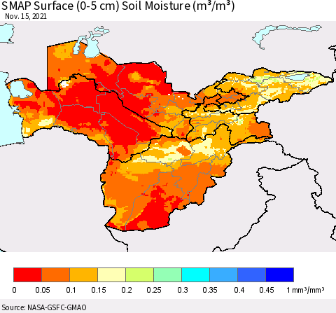 Central Asia SMAP Surface (0-5 cm) Soil Moisture (m³/m³) Thematic Map For 11/11/2021 - 11/15/2021