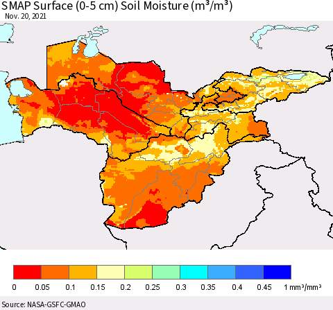 Central Asia SMAP Surface (0-5 cm) Soil Moisture (m³/m³) Thematic Map For 11/16/2021 - 11/20/2021