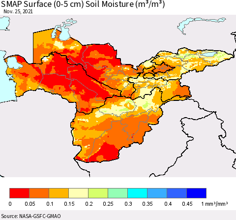 Central Asia SMAP Surface (0-5 cm) Soil Moisture (m³/m³) Thematic Map For 11/21/2021 - 11/25/2021