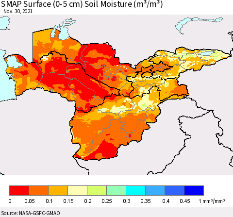 Central Asia SMAP Surface (0-5 cm) Soil Moisture (m³/m³) Thematic Map For 11/26/2021 - 11/30/2021
