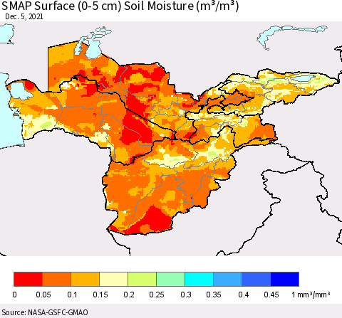 Central Asia SMAP Surface (0-5 cm) Soil Moisture (m³/m³) Thematic Map For 12/1/2021 - 12/5/2021