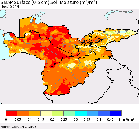 Central Asia SMAP Surface (0-5 cm) Soil Moisture (m³/m³) Thematic Map For 12/6/2021 - 12/10/2021