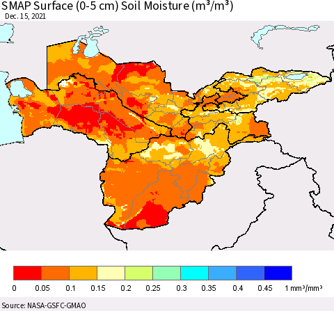 Central Asia SMAP Surface (0-5 cm) Soil Moisture (m³/m³) Thematic Map For 12/11/2021 - 12/15/2021