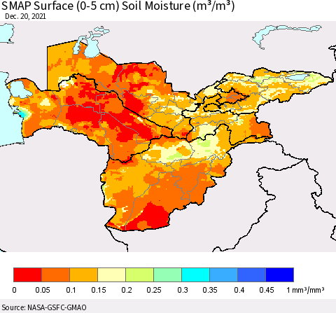 Central Asia SMAP Surface (0-5 cm) Soil Moisture (m³/m³) Thematic Map For 12/16/2021 - 12/20/2021