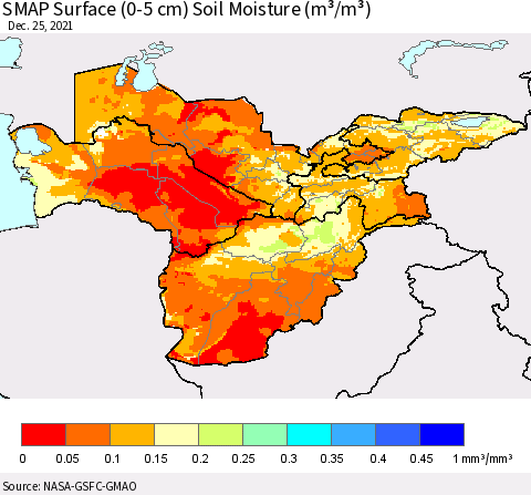Central Asia SMAP Surface (0-5 cm) Soil Moisture (m³/m³) Thematic Map For 12/21/2021 - 12/25/2021