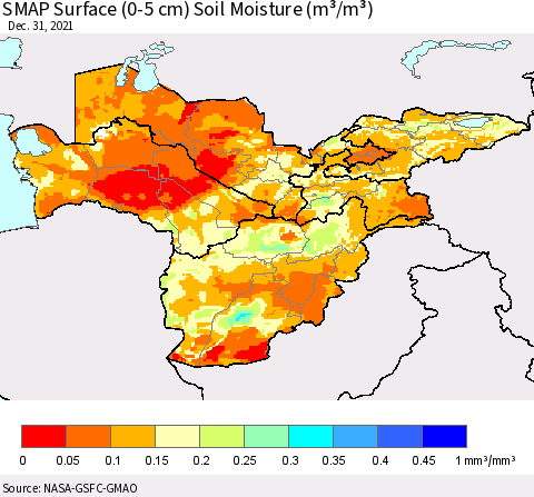 Central Asia SMAP Surface (0-5 cm) Soil Moisture (m³/m³) Thematic Map For 12/26/2021 - 12/31/2021