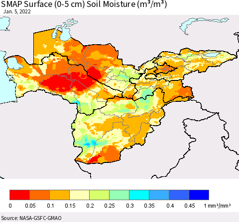Central Asia SMAP Surface (0-5 cm) Soil Moisture (m³/m³) Thematic Map For 1/1/2022 - 1/5/2022