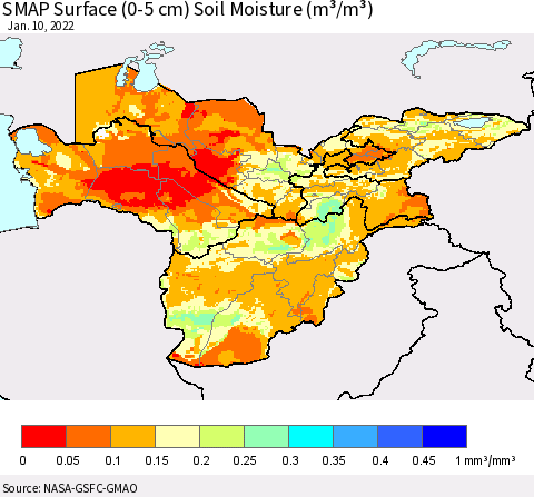 Central Asia SMAP Surface (0-5 cm) Soil Moisture (m³/m³) Thematic Map For 1/6/2022 - 1/10/2022