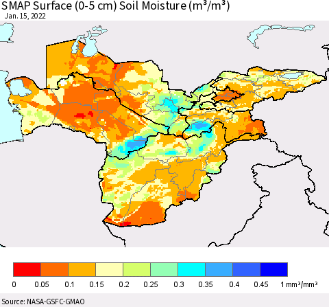 Central Asia SMAP Surface (0-5 cm) Soil Moisture (m³/m³) Thematic Map For 1/11/2022 - 1/15/2022