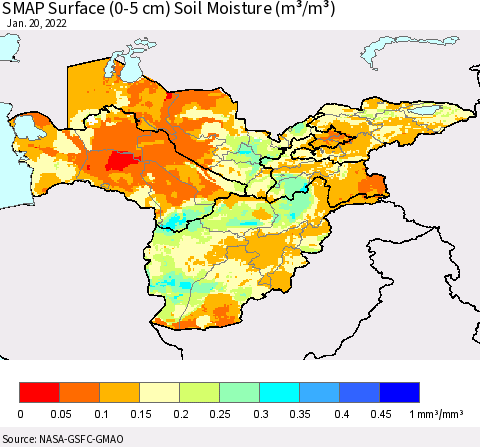 Central Asia SMAP Surface (0-5 cm) Soil Moisture (m³/m³) Thematic Map For 1/16/2022 - 1/20/2022