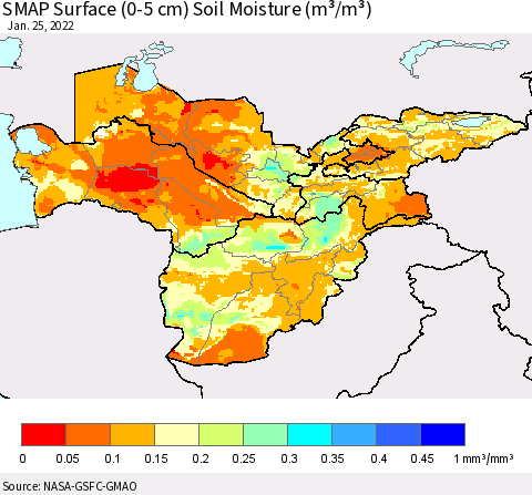 Central Asia SMAP Surface (0-5 cm) Soil Moisture (m³/m³) Thematic Map For 1/21/2022 - 1/25/2022