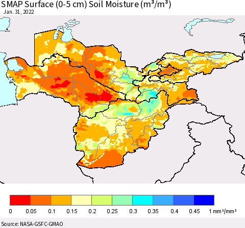 Central Asia SMAP Surface (0-5 cm) Soil Moisture (m³/m³) Thematic Map For 1/26/2022 - 1/31/2022