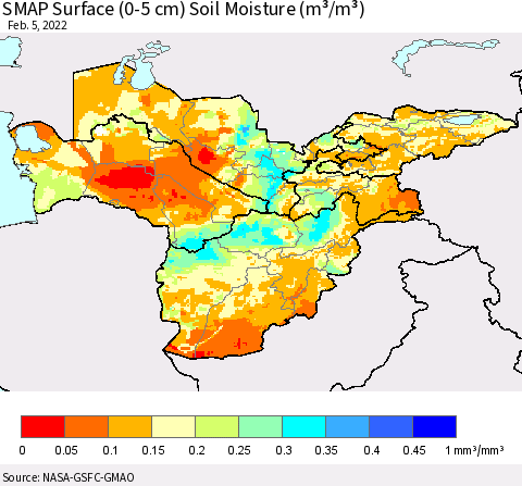 Central Asia SMAP Surface (0-5 cm) Soil Moisture (m³/m³) Thematic Map For 2/1/2022 - 2/5/2022