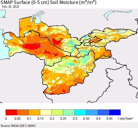 Central Asia SMAP Surface (0-5 cm) Soil Moisture (m³/m³) Thematic Map For 2/6/2022 - 2/10/2022