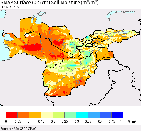 Central Asia SMAP Surface (0-5 cm) Soil Moisture (m³/m³) Thematic Map For 2/11/2022 - 2/15/2022