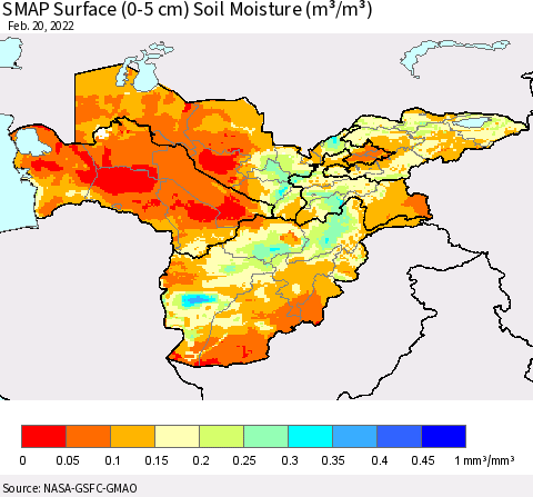 Central Asia SMAP Surface (0-5 cm) Soil Moisture (m³/m³) Thematic Map For 2/16/2022 - 2/20/2022