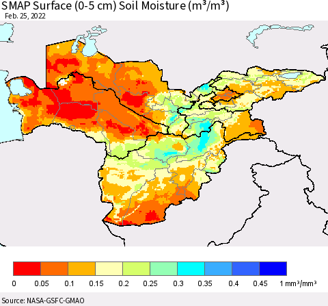 Central Asia SMAP Surface (0-5 cm) Soil Moisture (m³/m³) Thematic Map For 2/21/2022 - 2/25/2022