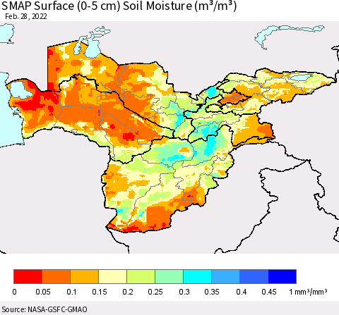 Central Asia SMAP Surface (0-5 cm) Soil Moisture (m³/m³) Thematic Map For 2/26/2022 - 2/28/2022