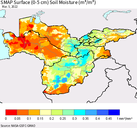 Central Asia SMAP Surface (0-5 cm) Soil Moisture (m³/m³) Thematic Map For 3/1/2022 - 3/5/2022