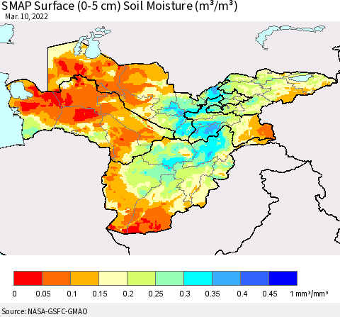 Central Asia SMAP Surface (0-5 cm) Soil Moisture (m³/m³) Thematic Map For 3/6/2022 - 3/10/2022