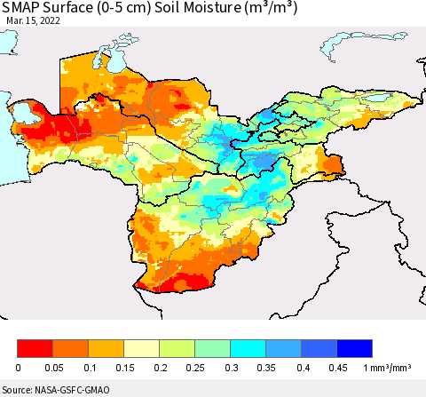 Central Asia SMAP Surface (0-5 cm) Soil Moisture (m³/m³) Thematic Map For 3/11/2022 - 3/15/2022